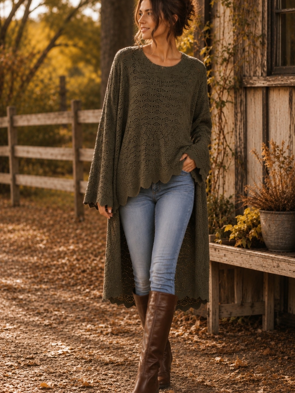Knit Mix Hi-low Open Knit Tunic Sweater XXL Khaki Green Boho Oversized EUC